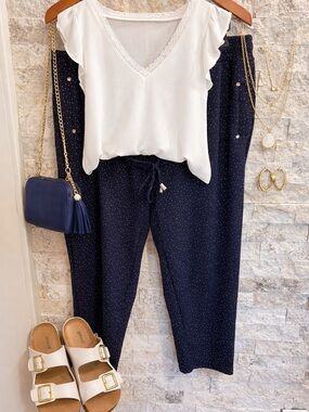 Lilly Morgan Navy blue Dot-Print Knit Drawstring Pants sizeL excellent condition